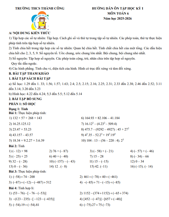 Tài liệu đề cương cuối kỳ 1 toán 6 năm 2025 – 2026 trường thcs thành công – hà nội