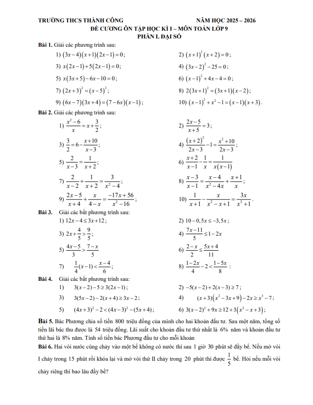 Tài liệu đề cương cuối kỳ 1 toán 9 năm 2025 – 2026 trường thcs thành công – hà nội