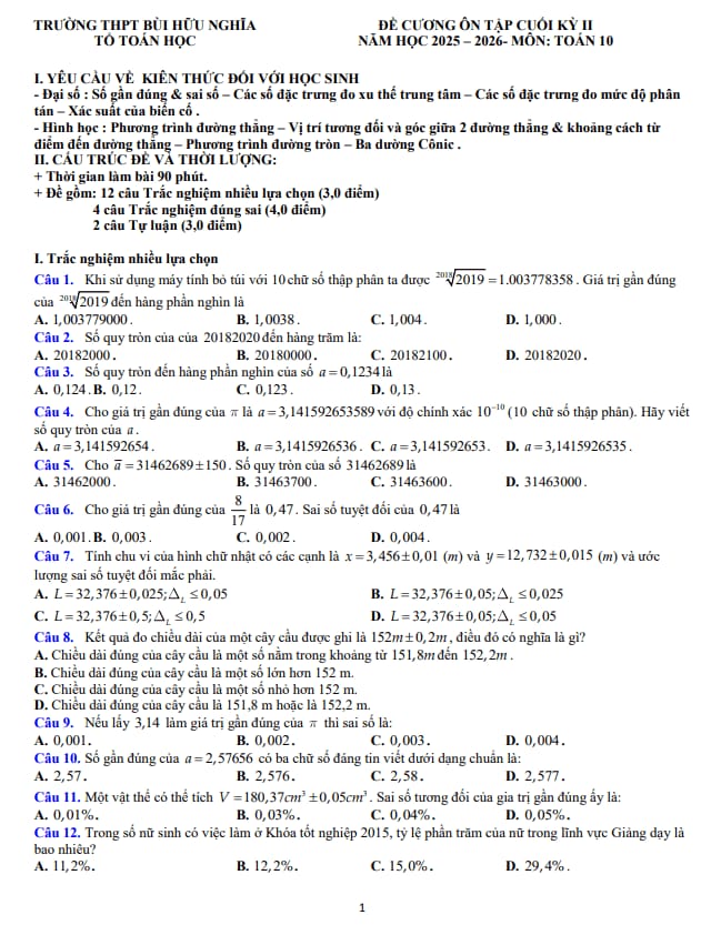 đề cương cuối kỳ 2 toán 10 năm 2025 – 2026 trường thpt bùi hữu nghĩa – cần thơ