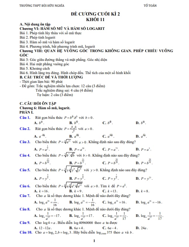 Tài liệu đề cương cuối kỳ 2 toán 11 năm 2025 – 2026 trường thpt bùi hữu nghĩa – cần thơ
