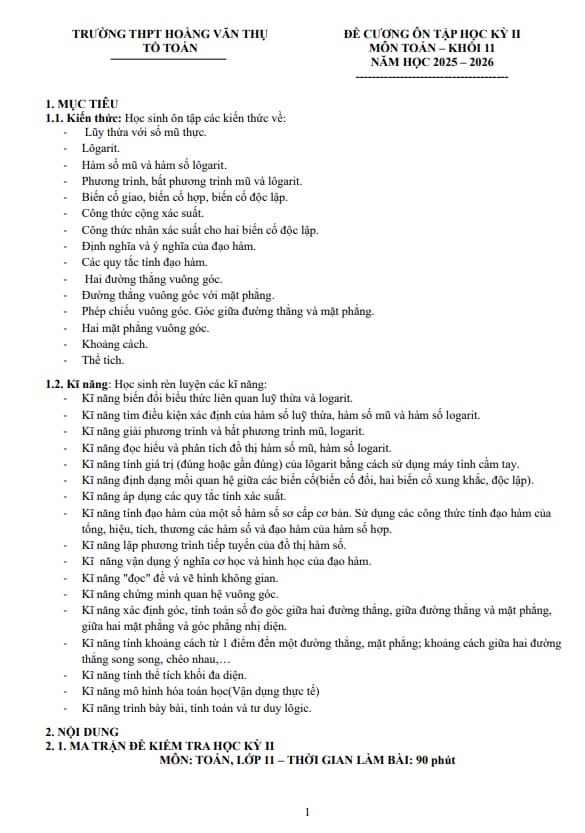 Tài liệu đề cương cuối kỳ 2 toán 11 năm 2025 – 2026 trường thpt hoàng văn thụ – hà nội