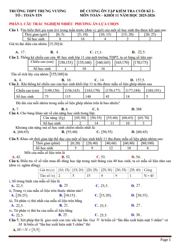 đề cương cuối kỳ 2 toán 11 năm 2025 – 2026 trường thpt trưng vương – gia lai
