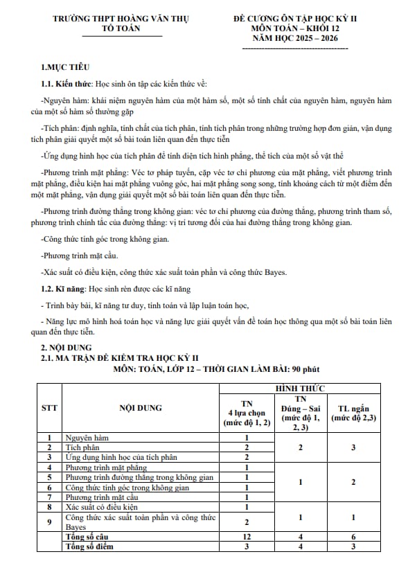 Tài liệu đề cương cuối kỳ 2 toán 12 năm 2025 – 2026 trường thpt hoàng văn thụ – hà nội