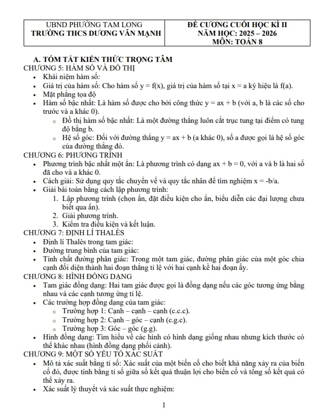 đề cương cuối kỳ 2 toán 8 năm 2025 – 2026 trường thcs dương văn mạnh – tp hcm