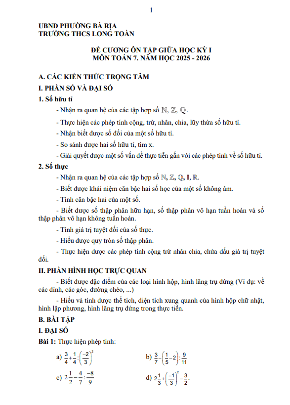 đề cương giữa học kì 1 toán 7 năm 2025 – 2026 trường thcs long toàn – tp hcm