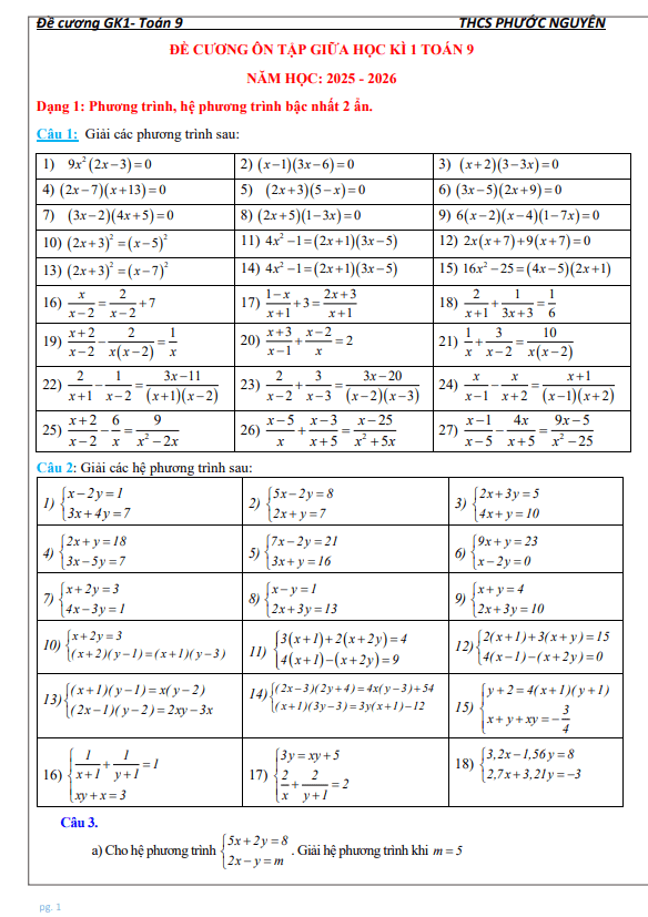 đề cương giữa học kì 1 toán 9 năm 2025 – 2026 trường thcs phước nguyên – tp hcm