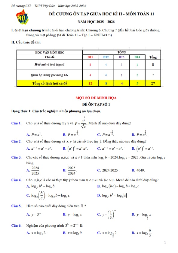 đề cương giữa học kì 2 toán 11 năm 2025 – 2026 trường thpt việt đức – hà nội