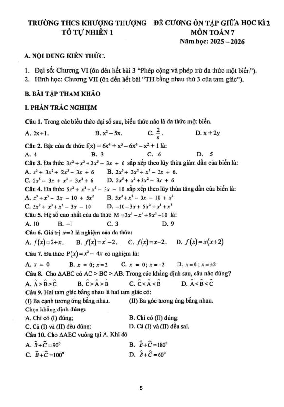 đề cương giữa học kì 2 toán 7 năm 2025 – 2026 trường thcs khương thượng – hà nội