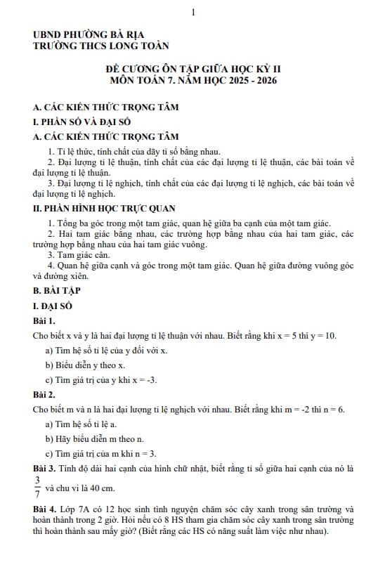 Tài liệu đề cương giữa học kì 2 toán 7 năm 2025 – 2026 trường thcs long toàn – tp hcm