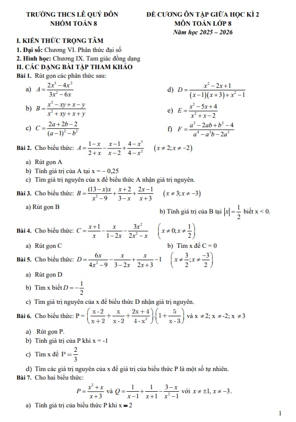 đề cương giữa học kì 2 toán 8 năm 2025 – 2026 trường thcs lê quý đôn – hà nội