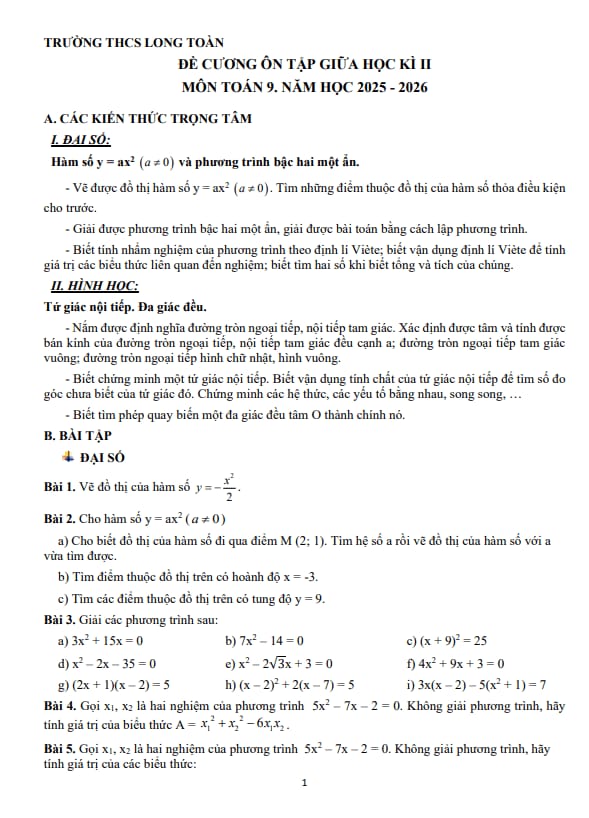 Tài liệu đề cương giữa học kì 2 toán 9 năm 2025 – 2026 trường thcs long toàn – tp hcm