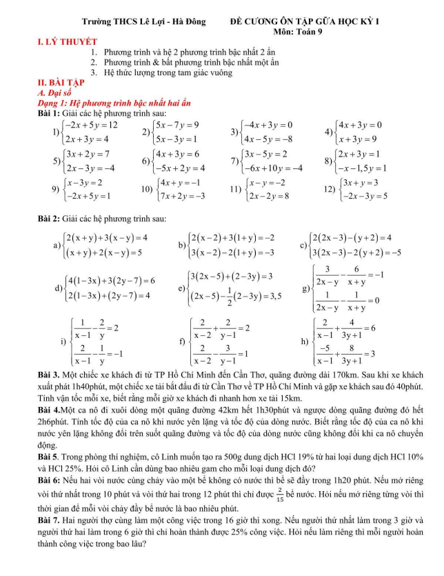 đề cương giữa học kỳ 1 toán 9 năm 2025 – 2026 trường thcs lê lợi – hà nội