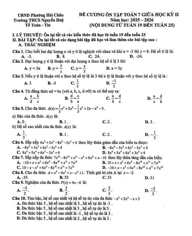 đề cương giữa học kỳ 2 toán 7 năm 2025 – 2026 trường thcs nguyễn huệ – đà nẵng