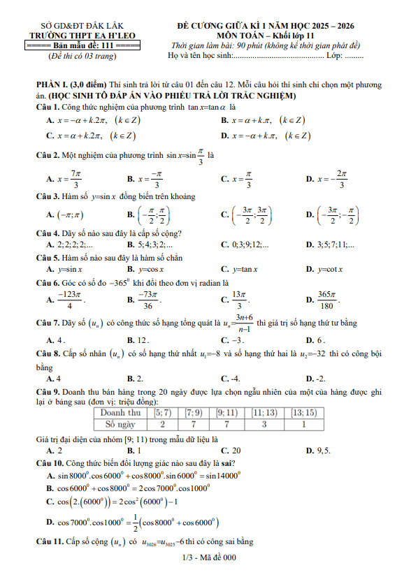 đề cương giữa kì 1 toán 11 năm 2025 – 2026 trường thpt ea h’leo – đắk lắk