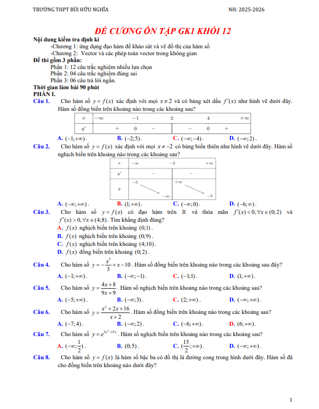 đề cương giữa kì 1 toán 12 năm 2025 – 2026 trường thpt bùi hữu nghĩa – cần thơ