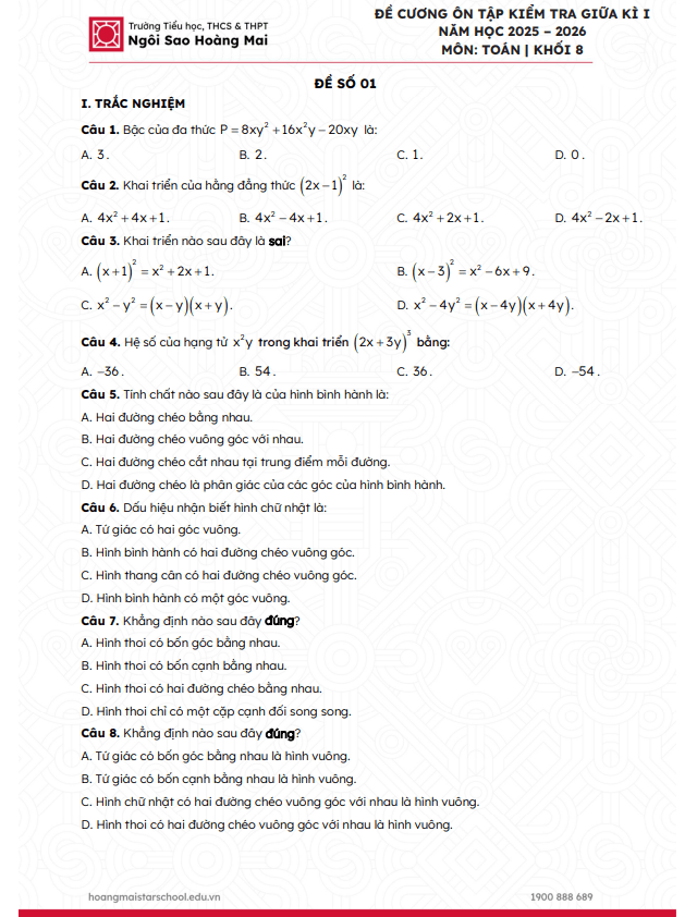 đề cương giữa kì 1 toán 8 năm 2025 – 2026 trường ngôi sao hoàng mai – hà nội