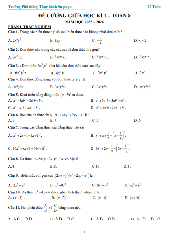 đề cương giữa kì 1 toán 8 năm 2025 – 2026 trường pt thực hành sư phạm – đồng nai