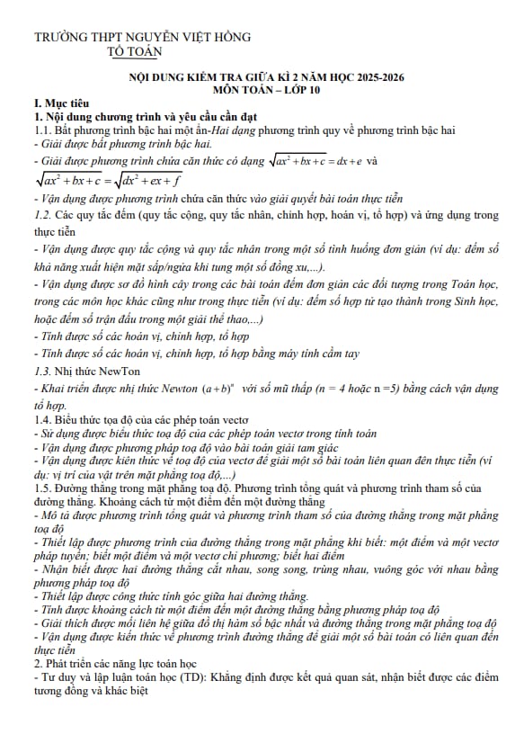 đề cương giữa kì 2 toán 10 năm 2025 – 2026 trường thpt nguyễn việt hồng – cần thơ