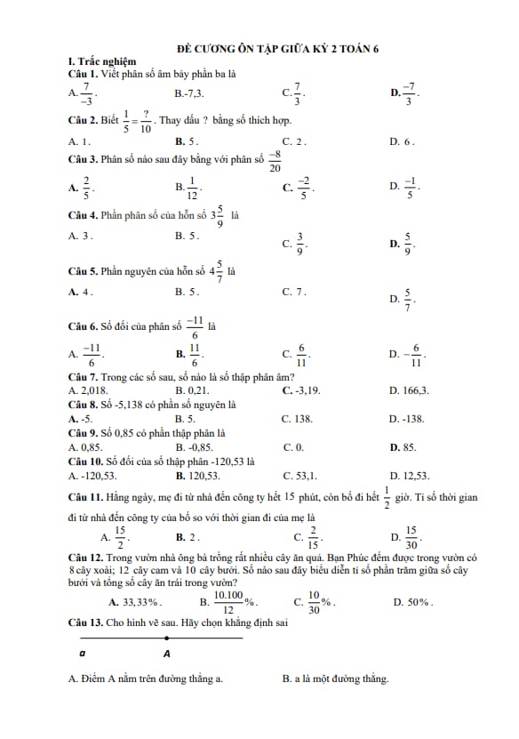 đề cương giữa kì 2 toán 6 năm 2025 – 2026 trường thcs thanh an – quảng trị