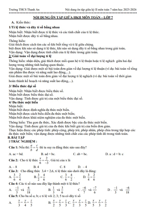 đề cương giữa kì 2 toán 7 năm 2025 – 2026 trường thcs thanh an – quảng trị