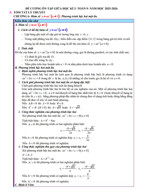 đề cương giữa kì 2 toán 9 năm 2025 – 2026 trường thcs thanh an – quảng trị