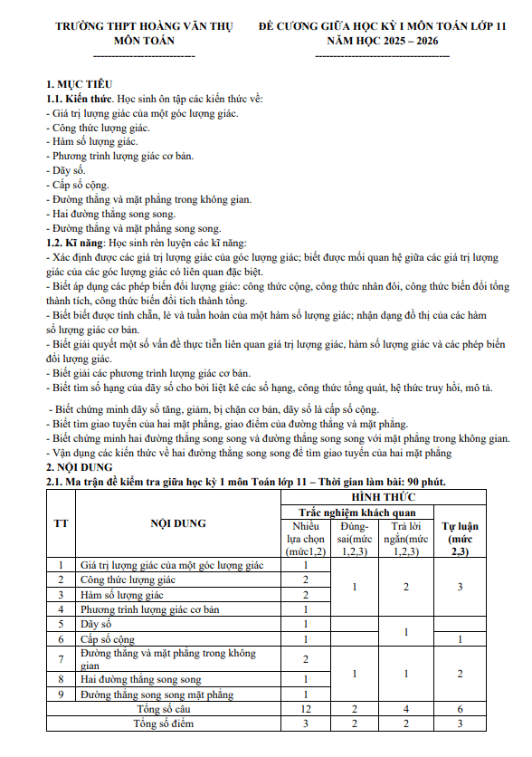 đề cương giữa kỳ 1 toán 11 năm 2025 – 2026 trường thpt hoàng văn thụ – hà nội