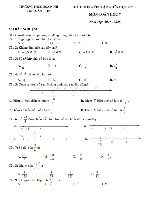 đề cương giữa kỳ 1 toán 7 năm 2025 – 2026 trường thcs hòa ninh – lâm đồng