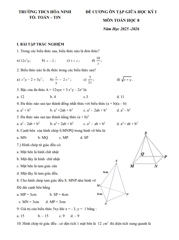 đề cương giữa kỳ 1 toán 8 năm 2025 – 2026 trường thcs hòa ninh – lâm đồng