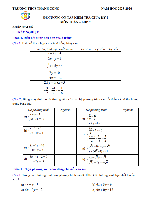 đề cương giữa kỳ 1 toán 9 năm 2025 – 2026 trường thcs thành công – hà nội