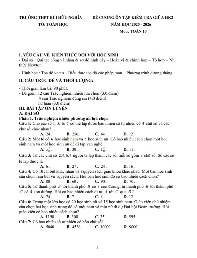 đề cương giữa kỳ 2 toán 10 năm 2025 – 2026 trường thpt bùi hữu nghĩa – cần thơ