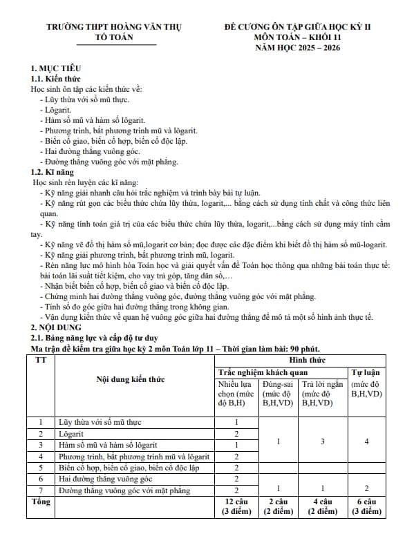 đề cương giữa kỳ 2 toán 11 năm 2025 – 2026 trường thpt hoàng văn thụ – hà nội