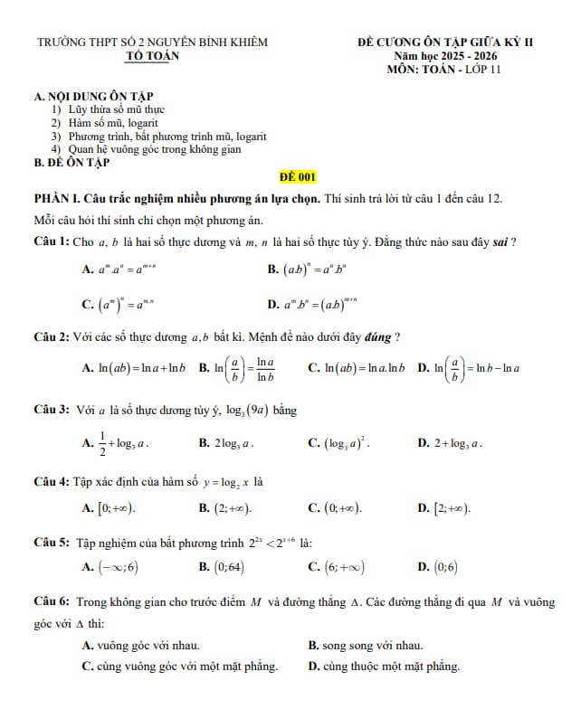 đề cương giữa kỳ 2 toán 11 năm 2025 – 2026 trường thpt nguyễn bỉnh khiêm 2 – gia lai