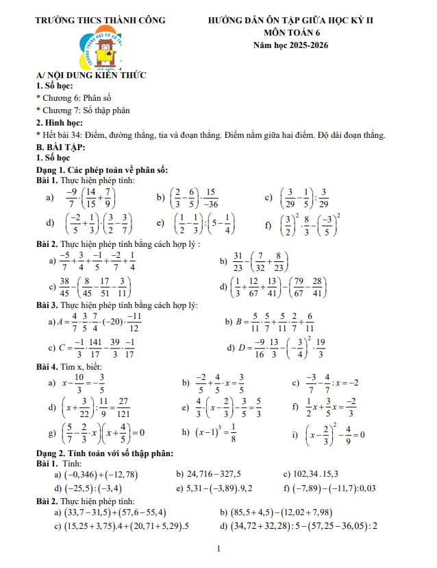 đề cương giữa kỳ 2 toán 6 năm 2025 – 2026 trường thcs thành công – hà nội