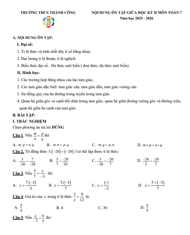 đề cương giữa kỳ 2 toán 7 năm 2025 – 2026 trường thcs thành công – hà nội