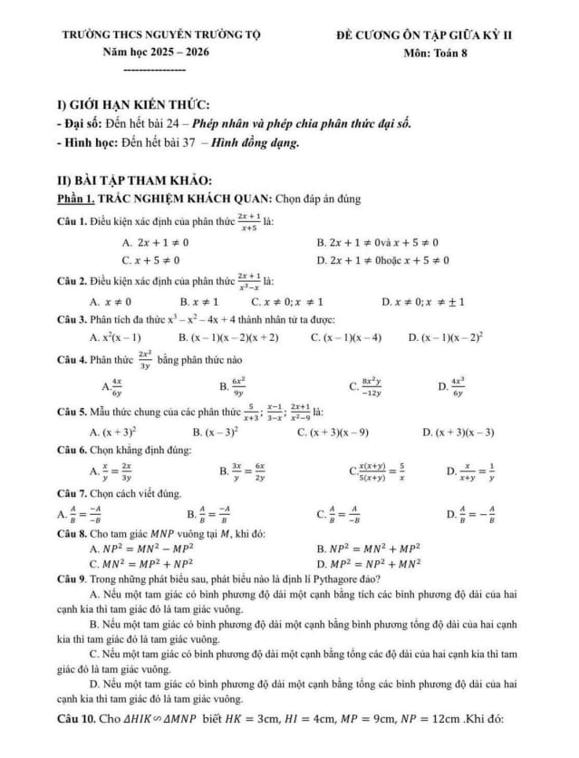 đề cương giữa kỳ 2 toán 8 năm 2025 – 2026 trường thcs nguyễn trường tộ – hà nội