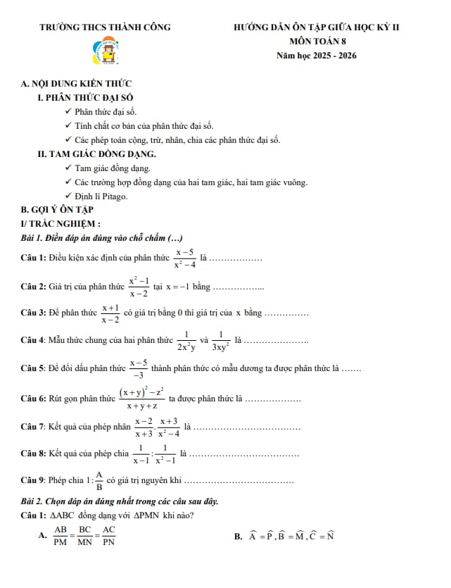 đề cương giữa kỳ 2 toán 8 năm 2025 – 2026 trường thcs thành công – hà nội