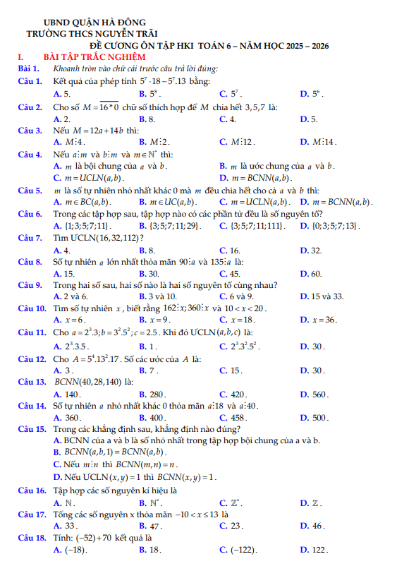 Tài liệu đề cương hk1 toán 6 năm 2025 – 2026 trường thcs nguyễn trãi – hà nội