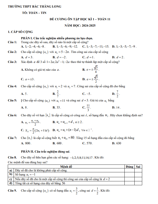 đề cương học kì 1 toán 11 năm 2024 – 2025 trường thpt bắc thăng long – hà nội