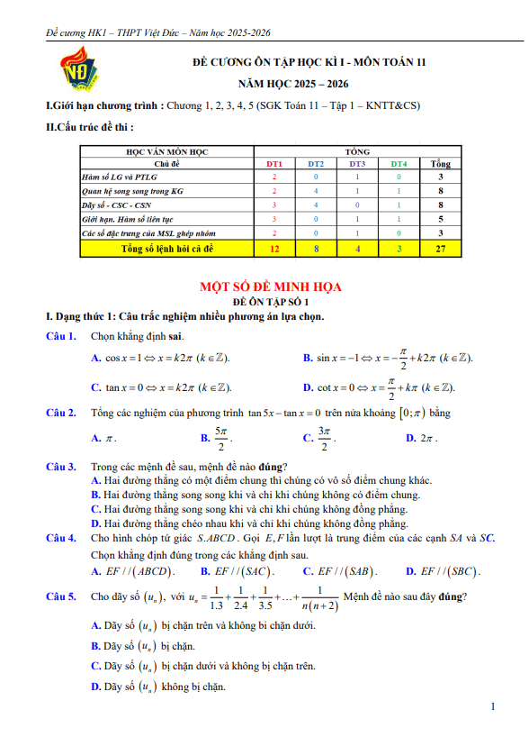 đề cương học kì 1 toán 11 năm 2025 – 2026 trường thpt việt đức – hà nội