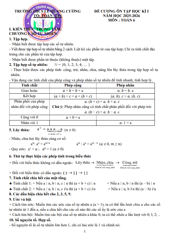 Tài liệu đề cương học kì 1 toán 6 năm 2025 – 2026 trường thcs lê quang cường – tp hcm