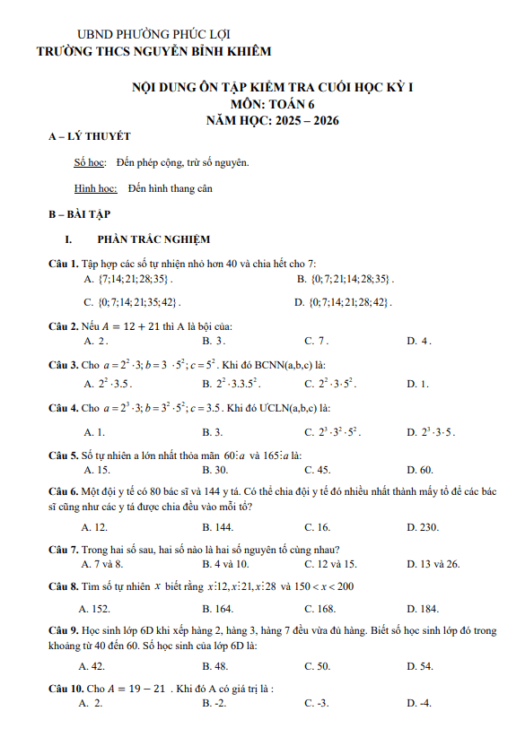 Tài liệu đề cương học kì 1 toán 6 năm 2025 – 2026 trường thcs nguyễn bỉnh khiêm – hà nội