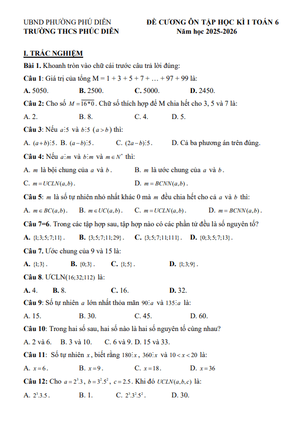 Tài liệu đề cương học kì 1 toán 6 năm 2025 – 2026 trường thcs phúc diễn – hà nội