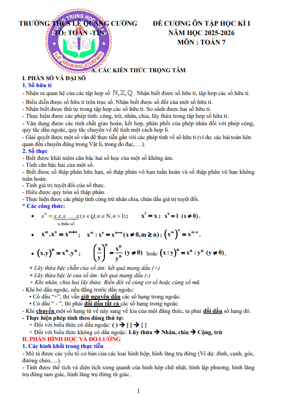 Tài liệu đề cương học kì 1 toán 7 năm 2025 – 2026 trường thcs lê quang cường – tp hcm