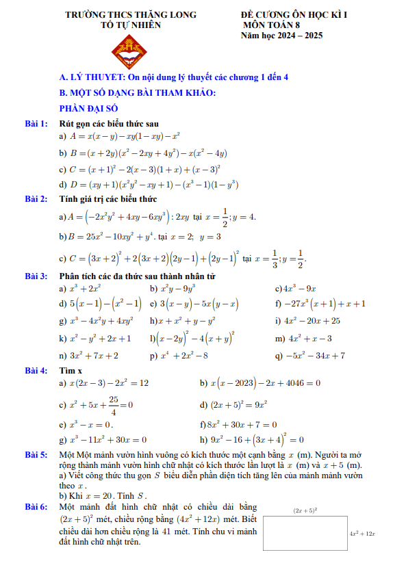 đề cương học kì 1 toán 8 năm 2024 – 2025 trường thcs thăng long – hà nội