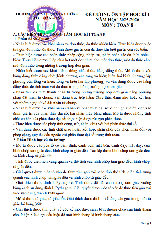Tài liệu đề cương học kì 1 toán 8 năm 2025 – 2026 trường thcs lê quang cường – tp hcm