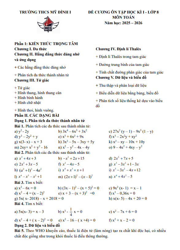 đề cương học kì 1 toán 8 năm 2025 – 2026 trường thcs mỹ đình 1 – hà nội