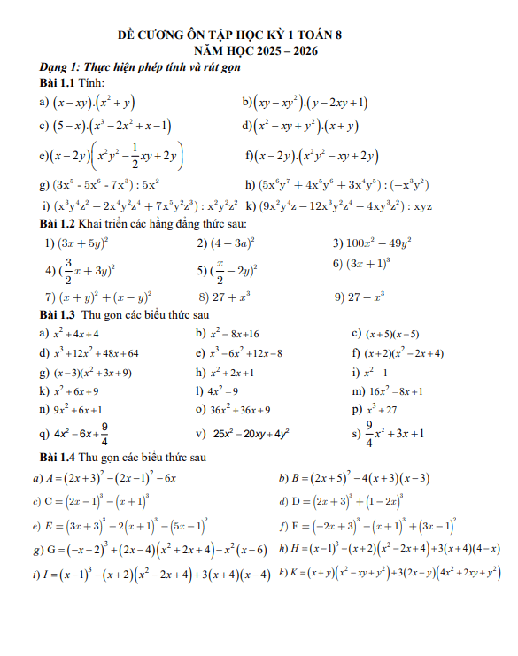 Tài liệu đề cương học kì 1 toán 8 năm 2025 – 2026 trường thcs phúc diễn – hà nội