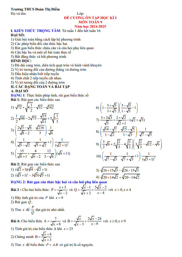 đề cương học kì 1 toán 9 năm 2024 – 2025 trường thcs đoàn thị điểm – hà nội
