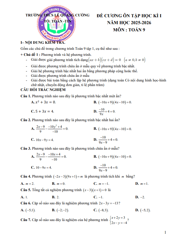Tài liệu đề cương học kì 1 toán 9 năm 2025 – 2026 trường thcs lê quang cường – tp hcm