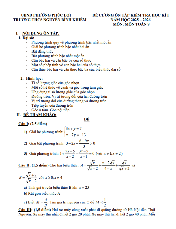 Tài liệu đề cương học kì 1 toán 9 năm 2025 – 2026 trường thcs nguyễn bỉnh khiêm – hà nội